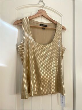 St. John Gold Metallic Square-Print Scoop Neck Tank